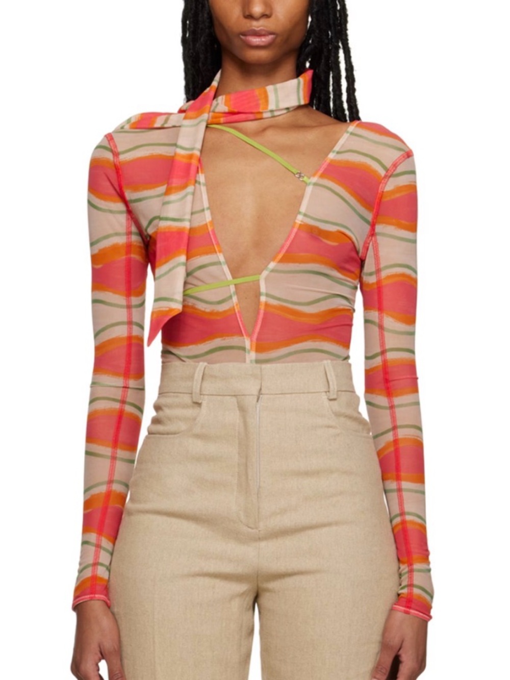 Jacquemus Pink and Orange Striped Long-Sleeve Bodysuit